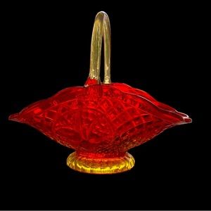 Vintage Indiana Fire Glass Canterbury Sunset Amberina Large Glass Basket 12”x8”